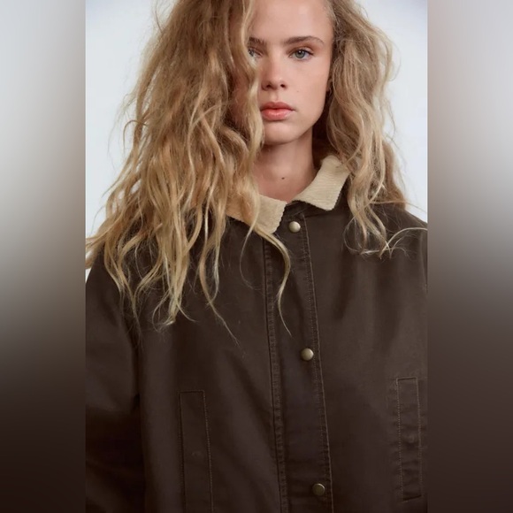 ZARA Oversized Contrast Collar Corduroy Barn Jacket Utility Coat. - Picture 6 of 13